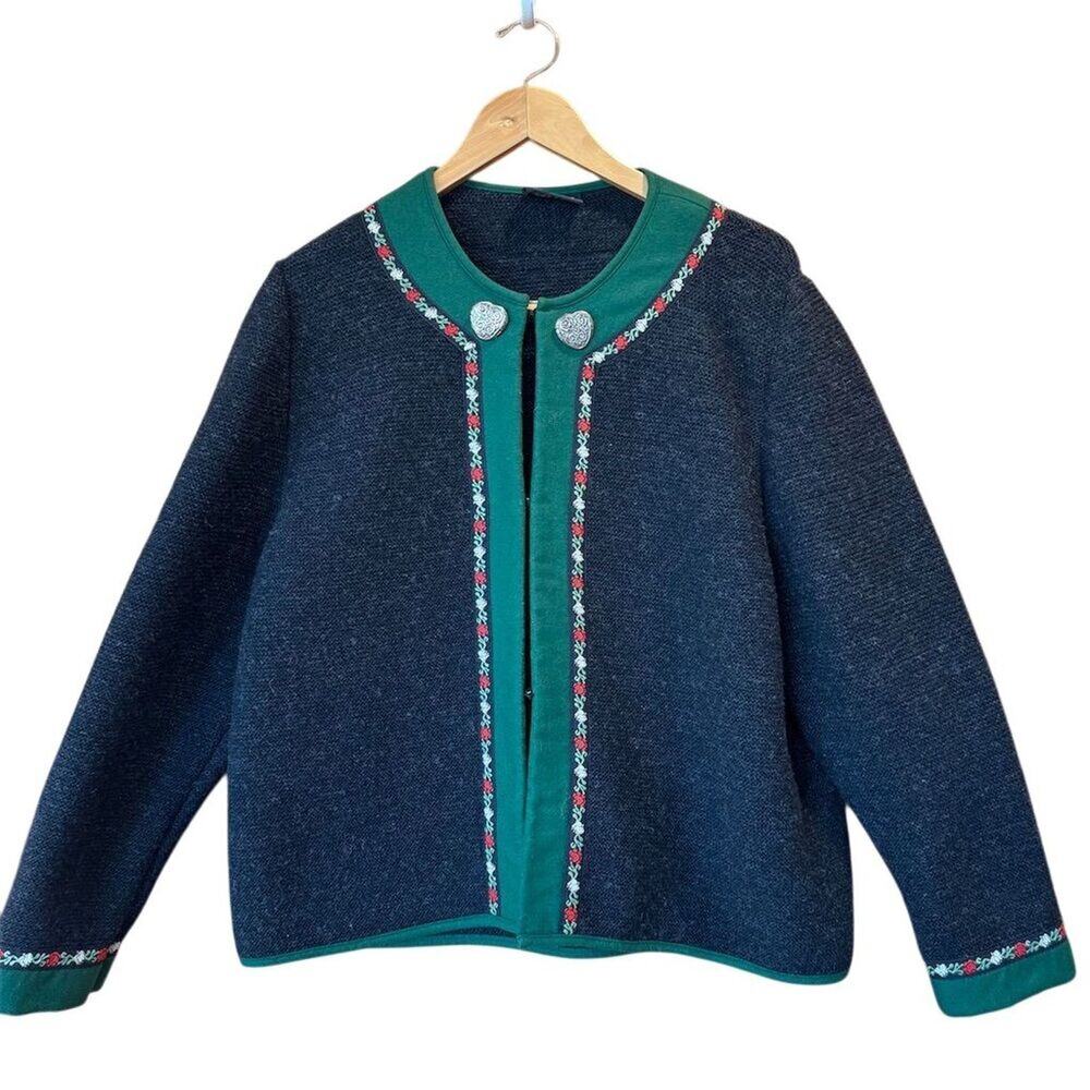Pfister Wool Austrian Women's Vintage Gray Green Jacket Large 42 Embroidery